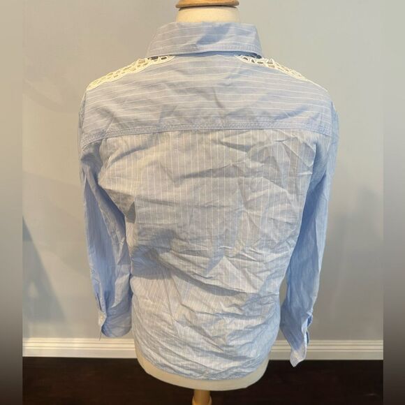 Sandro Blue White Strip Lace Insert Long Sleeve Button Down Blouse Shirt size 2 - Picture 6 of 15